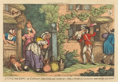 Dying for Love, ou Capitão Careless baleado voando por uma garota de quinze anos, que inesperadamente tirou a cabeça de uma janela de Thomas Rowlandson