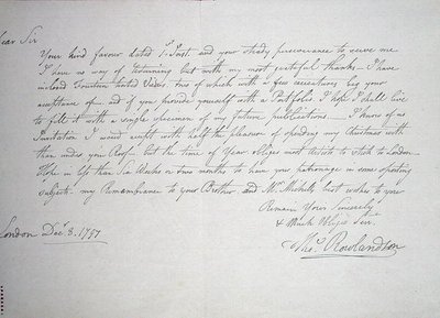 Primeira carta conhecida do artista a um Sr. Downs, um potencial mecenas, 8 de Dezembro de 1797 (caneta e tinta sobre papel) de Thomas Rowlandson