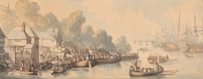 Embarque em Southampton, 20 de junho de 1794 (aquarela e caneta e tinta marrom, cinza e vermelho-marrom sobre grafite em papel tecido creme ligeiramente texturizado) de Thomas Rowlandson