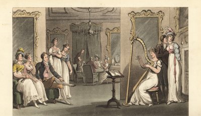 Cavalheiro e senhoras inglesas a ouvir um harpista a um baile de Thomas Rowlandson