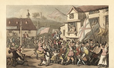 Cavalheiro inglês carregado em uma cadeira de sedan para uma eleição de Thomas Rowlandson