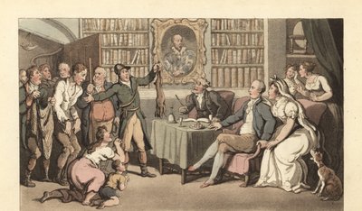 Cavalheiro inglês no seu estudo a ouvir um caso de caça furtiva de Thomas Rowlandson
