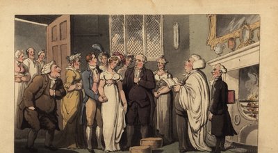 Cavalheiro inglês a casar com a sua noiva numa casa senhorial de Thomas Rowlandson