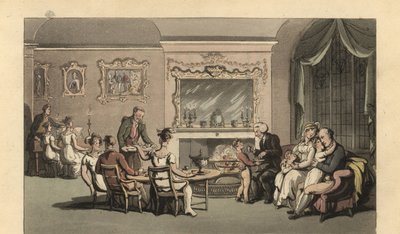 Cavalheiro inglês, esposa e filhos relaxando na sala de Thomas Rowlandson
