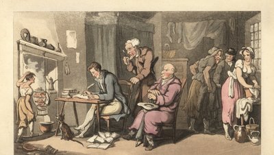 Cavalheiro inglês a escrever uma carta de mendicidade numa sala decrépita de Thomas Rowlandson