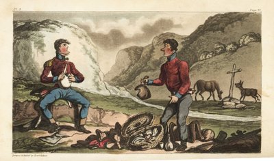 O alferes Johnny Newcome e o seu Subalternos tomam o pequeno-almoço de presunto, carne, biscoitos e aguardente à beira da estrada em Portugal. Gravura em chapa de cobre colorida à mão desenhada e gravada por Thomas Rowlandson do Coronel David Roberts