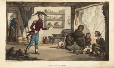 O alferes Johnny Newcome chega ao seu bilhete de Subalternter em Portugal, um casebre com mendigos imundos. Gravura em chapa de cobre colorida à mão desenhada e gravada por Thomas Rowlandson do Coronel David Roberts