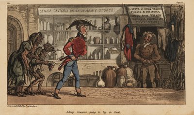 Alferes Johnny Newcome comprando supérfluos na loja do Señor Cavigole em Lisboa, Portugal. Gravura em chapa de cobre colorida à mão desenhada e gravada por Thomas Rowlandson do Coronel David Roberts