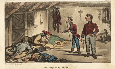 Alferes Johnny Newcome com disenteria no seu bilhete em Medina, Espanha. Gravura em chapa de cobre colorida à mão desenhada e gravada por Thomas Rowlandson do Coronel David Roberts