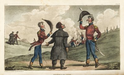 O Alferes Johnny Newcome foi apresentado ao Coronel do seu regimento antes da Batalha de Salamanca. Gravura em chapa de cobre colorida à mão desenhada e gravada por Thomas Rowlandson do Coronel David Roberts