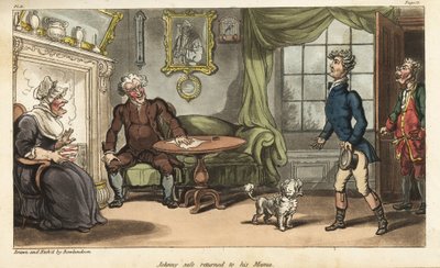 O alferes Johnny Newcome volta para casa, na Inglaterra, de licença médica da Campanha da Península. Gravura em chapa de cobre colorida à mão desenhada e gravada por Thomas Rowlandson do Coronel David Roberts