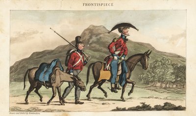 Alferes Johnny Newcome montando um cavalo acompanhado por um subalterno com cavalo de carga em Portugal. Gravura em chapa de cobre colorida à mão desenhada e gravada por Thomas Rowlandson do Coronel David Roberts