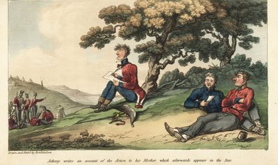 O alferes Johnny Newcome escrevendo uma carta à sua mãe descrevendo a Batalha de Salamanca de Thomas Rowlandson