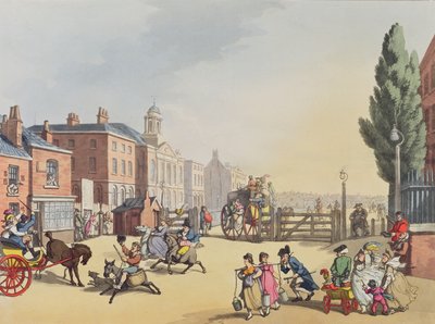 Entrada do Turnpike da estrada da corte de Tottenham com uma vista da capela de St James, gravada por Heinrich Joseph Schutz (1760-1822), bar. 1809 de Thomas Rowlandson