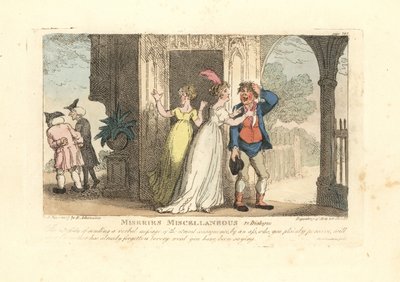 Mulher da moda a enviar uma mensagem verbal através de um tolo de Thomas Rowlandson