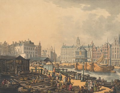 Barragem de Feyge, com parte do Mercado do Peixe em Amesterdão, 1797. de Thomas Rowlandson