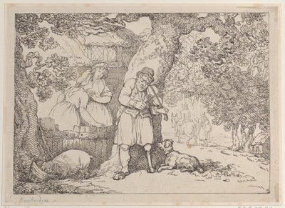 Fiddler, Sailor, Two Women and a Pig by a Cottage, 1816., 1816. de Thomas Rowlandson