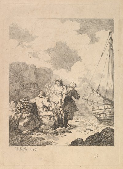 Pescadores à beira - cena costeira com um homem sentado nas rochas e fumando um cachimbo, Nex..., 1786. de Thomas Rowlandson