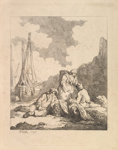 Pescadores na costa - cena costeira com um homem sentado no chão descansando um cotovelo em ..., 1786. de Thomas Rowlandson