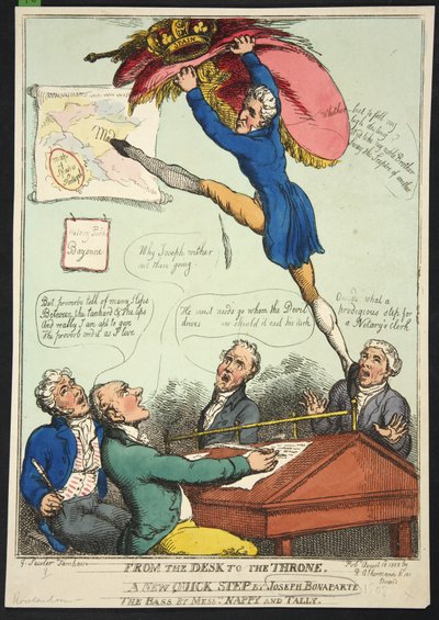 Da mesa ao trono. Um novo passo rápido de Joseph Bonaparte. The Bass dos Srs. Nappy e Talley, pub. 1808 (gravura colorida à mão) de Thomas Rowlandson