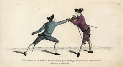 Cavalheiro esgrimista desarmando o seu oponente na Carte ou Second Thrust, depois de se desfilar com o Prime Parade. Gravura em chapa de cobre colorida à mão, depois de uma ilustração de Thomas Rowlandson da The School of Fencing, do Sr. Domenico Angelo, L de Thomas Rowlandson