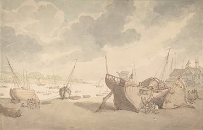 Cena do porto com a maré baixa e barcos encalhados, 1775-1827. de Thomas Rowlandson