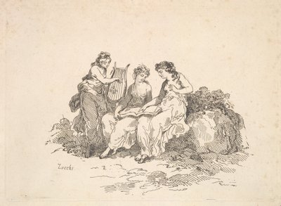 Harmonia - duas ninfas cantando, outra tocando uma lira, 1784-88. de Thomas Rowlandson