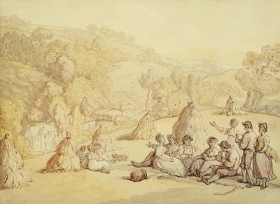 Colheitadeiras descansando em um campo de milho, c.1805-10 (caneta e tinta com lavagem no papel) de Thomas Rowlandson
