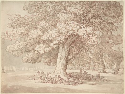 Manada de veados debaixo de um carvalho de Thomas Rowlandson