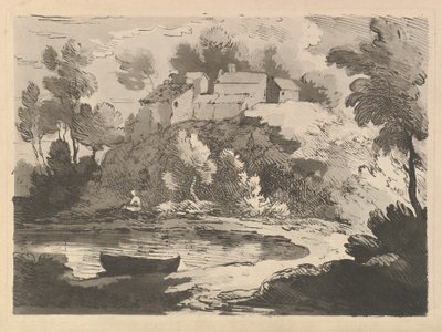 Paisagem montanhosa do rio, um barco na água no primeiro plano à esquerda, uma figura na margem mais distante ..., 1783-84. de Thomas Rowlandson