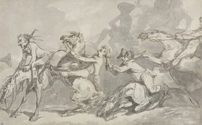 Horsemen Colliding, c.1785-90 (caneta e tinta com lavagem marrom no papel) de Thomas Rowlandson