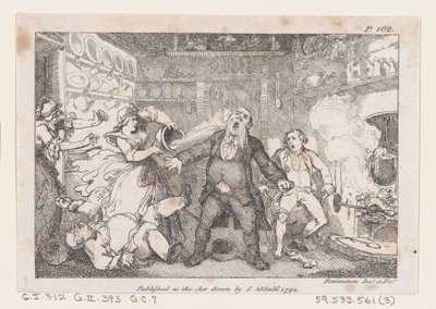 Hostess descarrega uma panela de sangue no rosto de Parson Andrews, de The Adventures of..., 1792. de Thomas Rowlandson