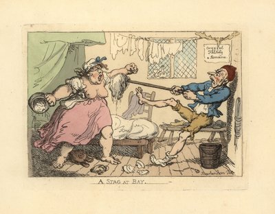 O marido a segurar a sua esposa zangada com esfregona. de Thomas Rowlandson