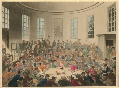 Ilustração retratando uma multidão assistindo a uma briga de galo de Thomas Rowlandson