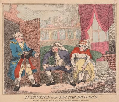 Intrusão ou o Médico Disturbd, pub. 1786 (gravura colorida à mão) de Thomas Rowlandson