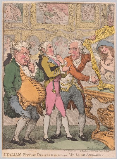 Negociantes italianos da imagem Humbuging meu senhor Anglaise, bar. 1812 (gravura colorida à mão) de Thomas Rowlandson