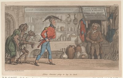 Johnny Newcome vai deitar em Stock, de The Military Adventures of Johnny Newcome, 1815., 1815. de Thomas Rowlandson