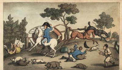 O Johnny e uma Lady fazem um concerto numa manada de porcos. Gravura em chapa de cobre colorida à mão por W. Leia depois de uma ilustração de Thomas Rowlandson de The Adventures of Johnny Newcombe de Alfred Burton na Marinha, Simpkin, Londres de Thomas Rowlandson