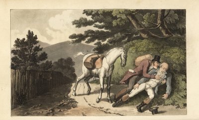 Johnny a ajudar um viajante que foi atirado do seu cavalo. Gravura em chapa de cobre colorida à mão por Thomas Rowlandson de The History of Johnny Quae Genus de William Combe, o Pequeno Fundador da falecida Sintaxe do Doutor. de Thomas Rowlandson