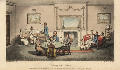 Johnny cortejando Maria numa sala de estar enquanto outros jogam cartas e cantam canções em frente ao coração. Gravura em chapa de cobre colorida à mão por W. Leia depois de uma ilustração de Thomas Rowlandson de As Aventuras de Johnny Newcombe na Marinha, de Thomas Rowlandson