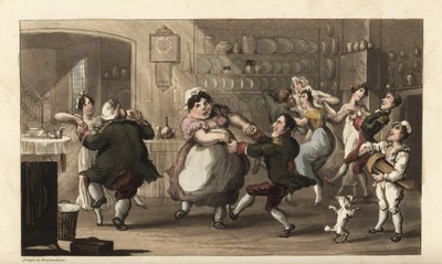 O Johnny a dançar numa festa secreta com outros criados na cozinha. Cozinheiro, cocheiro, camareira e caseiro apreciando a comida e o vinho do mestre. Gravura em chapa de cobre colorida à mão por Thomas Rowlandson de The History of Johnny Quae Genus de Wil de Thomas Rowlandson