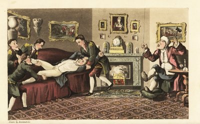 Johnny bêbado no sofá da casa de Sir David Dangle, expulso pelos criados de libré animados. Gravura em chapa de cobre colorida à mão por Thomas Rowlandson de The History of Johnny Quae Genus de William Combe, o Pequeno Fundador da falecida Sintaxe do Douto de Thomas Rowlandson