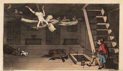 Johnny cai da sua rede na sua cabana. Gravura em chapa de cobre colorida à mão por W. Leia depois de uma ilustração de Thomas Rowlandson de The Adventures of Johnny Newcombe de Alfred Burton na Marinha, Simpkin, Londres de Thomas Rowlandson