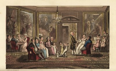 O Johnny dá uma grande festa. Evento social em uma grande mansão, com convidados jogando cartas, cantando canções, conversando, dançando e socializando. Gravura em chapa de cobre colorida à mão por Thomas Rowlandson de The History of Johnny Quae Genus de W de Thomas Rowlandson