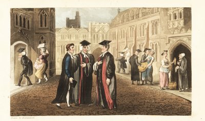 Johnny em túnicas conversando com os Dons da Universidade de Oxford, enquanto outros estudiosos e estudantes compram milho de merceeiros e criadas molestadas. Gravura em chapa de cobre colorida à mão por Thomas Rowlandson de The History of Johnny Quae Genu de Thomas Rowlandson