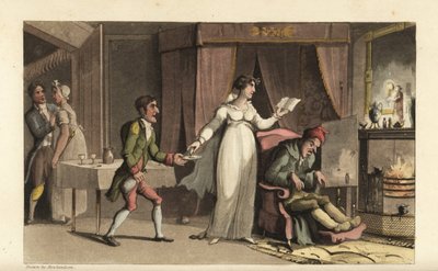 Johnny ao serviço do avarento John Squeeze e da sua sobrinha prudente Amelia Squeeze. Johnny traz um copo de remédio para o velho moribundo. Gravura em chapa de cobre colorida à mão por Thomas Rowlandson de The History of Johnny Quae Genus de William Combe de Thomas Rowlandson