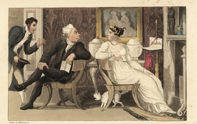 Johnny interrompe uma discussão entre convidados de uma festa numa sala de Regency. Gravura em chapa de cobre colorida à mão por Thomas Rowlandson de The History of Johnny Quae Genus de William Combe, o Pequeno Fundador da falecida Sintaxe do Doutor. de Thomas Rowlandson