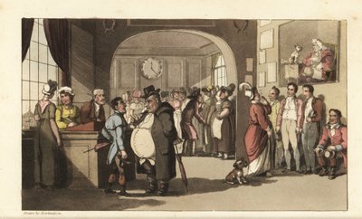 Johnny à procura de trabalho num cartório para empregados domésticos. Homens e mulheres com monóculos a examinar carregadores, empregadas domésticas e outro pessoal. Gravura em chapa de cobre colorida à mão por Thomas Rowlandson de The History of Johnny Qu de Thomas Rowlandson