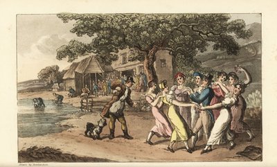 Johnny tocando flauta num festival de tosquia de ovelhas, rodeado de meninas do campo dançando. Os pastores tosquiam ovelhas num celeiro e lavam-nas num lago. Gravura em chapa de cobre colorida à mão de Thomas Rowlandson, de The History of Johnny Quae Gen  de Thomas Rowlandson