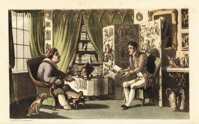 Johnny a ler para Sir Jeffery Gourmand no seu estudo. Gravura em chapa de cobre colorida à mão por Thomas Rowlandson de The History of Johnny Quae Genus de William Combe, o Pequeno Fundador da falecida Sintaxe do Doutor. de Thomas Rowlandson